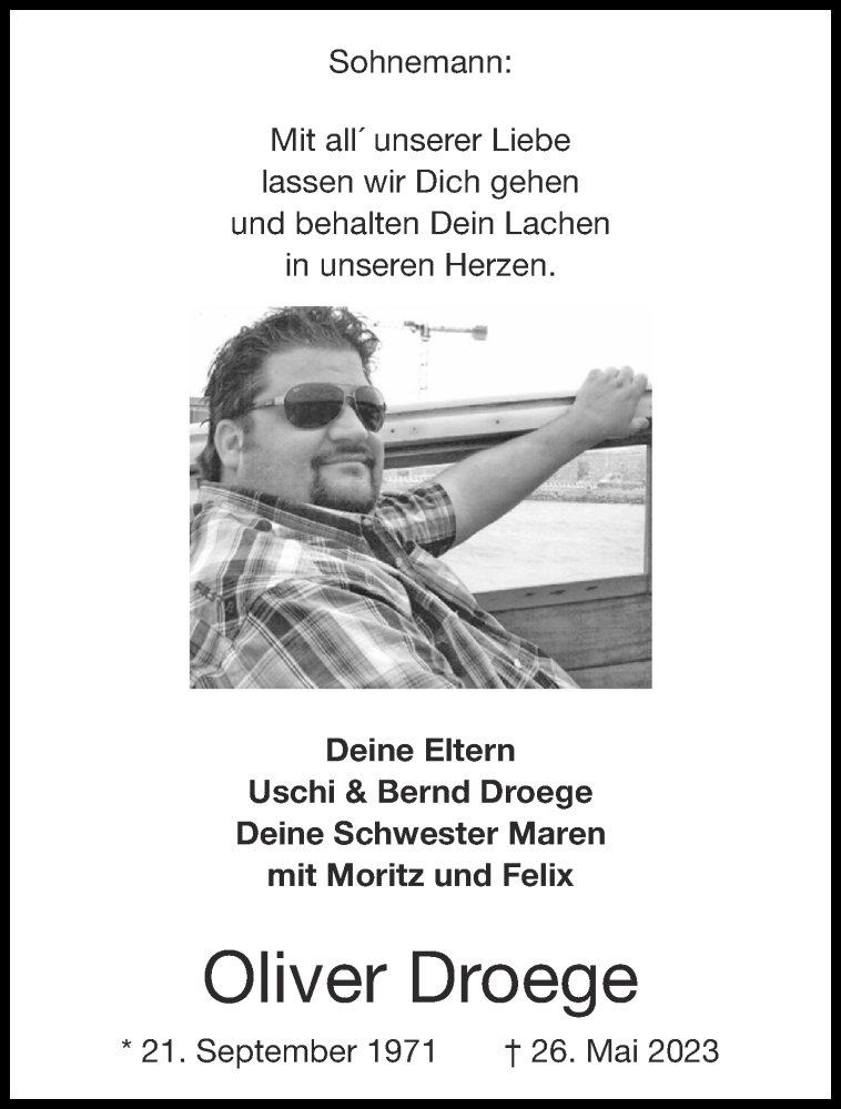  Traueranzeige für Oliver Droege vom 10.06.2023 aus Aachener Zeitung