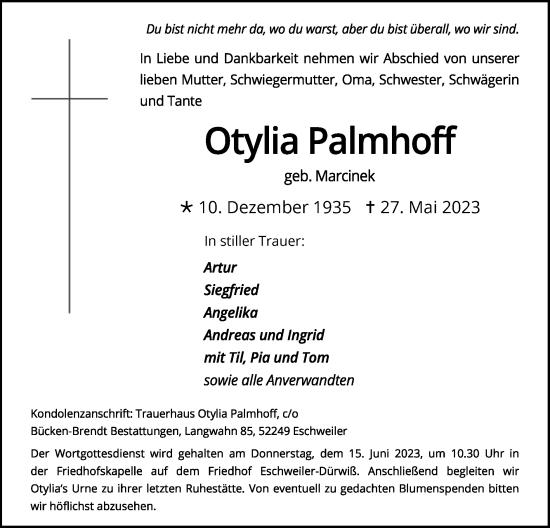 Traueranzeige von Otylia Palmhoff von Zeitung am Sonntag