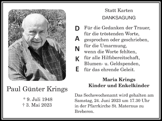 Traueranzeige von Paul Günter Krings von Zeitung am Sonntag