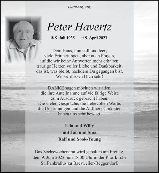 Traueranzeige von Peter Havertz von Zeitung am Sonntag