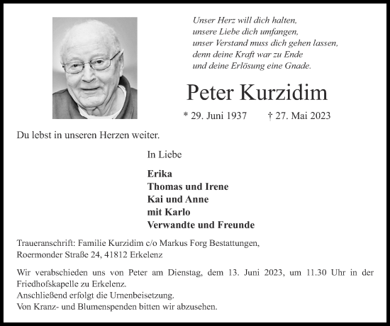 Traueranzeige von Peter Kurzidim von Zeitung am Sonntag