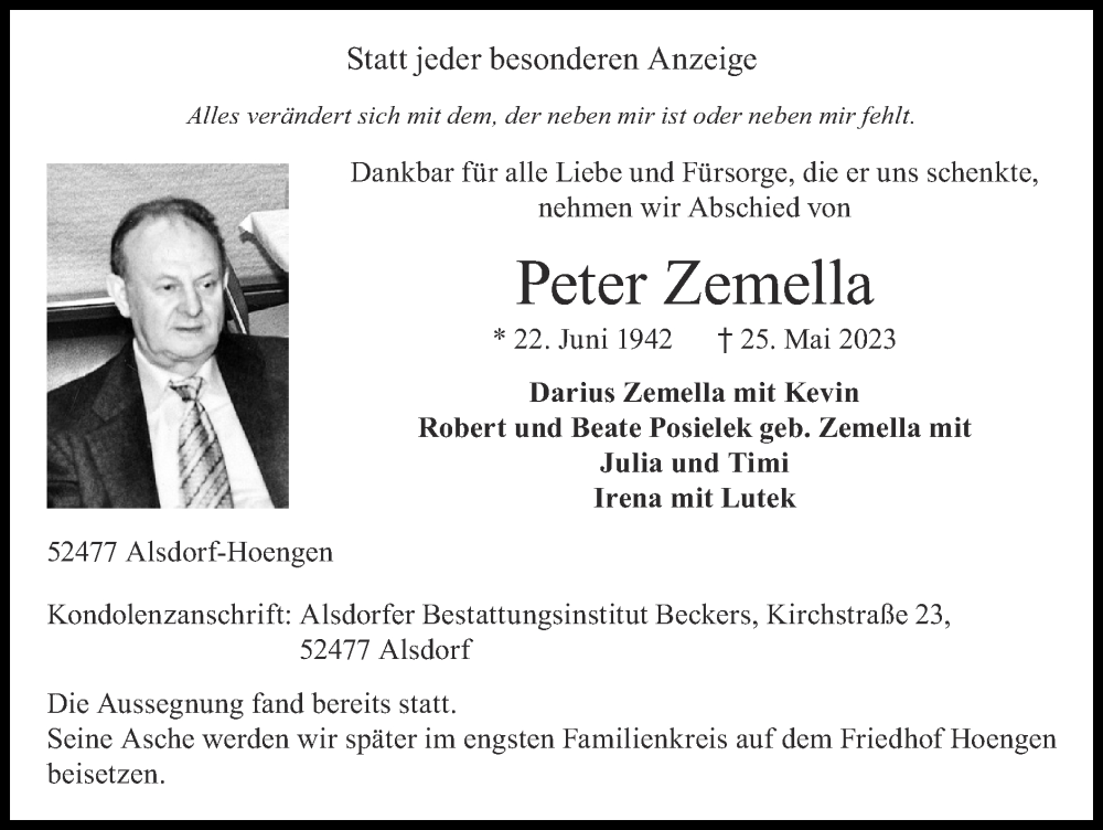  Traueranzeige für Peter Zemella vom 04.06.2023 aus Zeitung am Sonntag