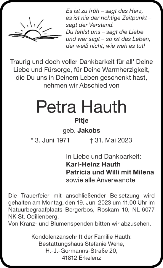 Traueranzeige von Petra Hauth von Zeitung am Sonntag