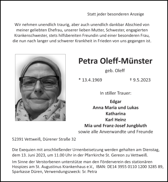 Traueranzeige von Petra Oleff-Münster von Zeitung am Sonntag