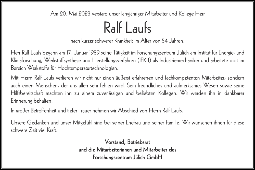  Traueranzeige für Ralf Laufs vom 04.06.2023 aus Zeitung am Sonntag