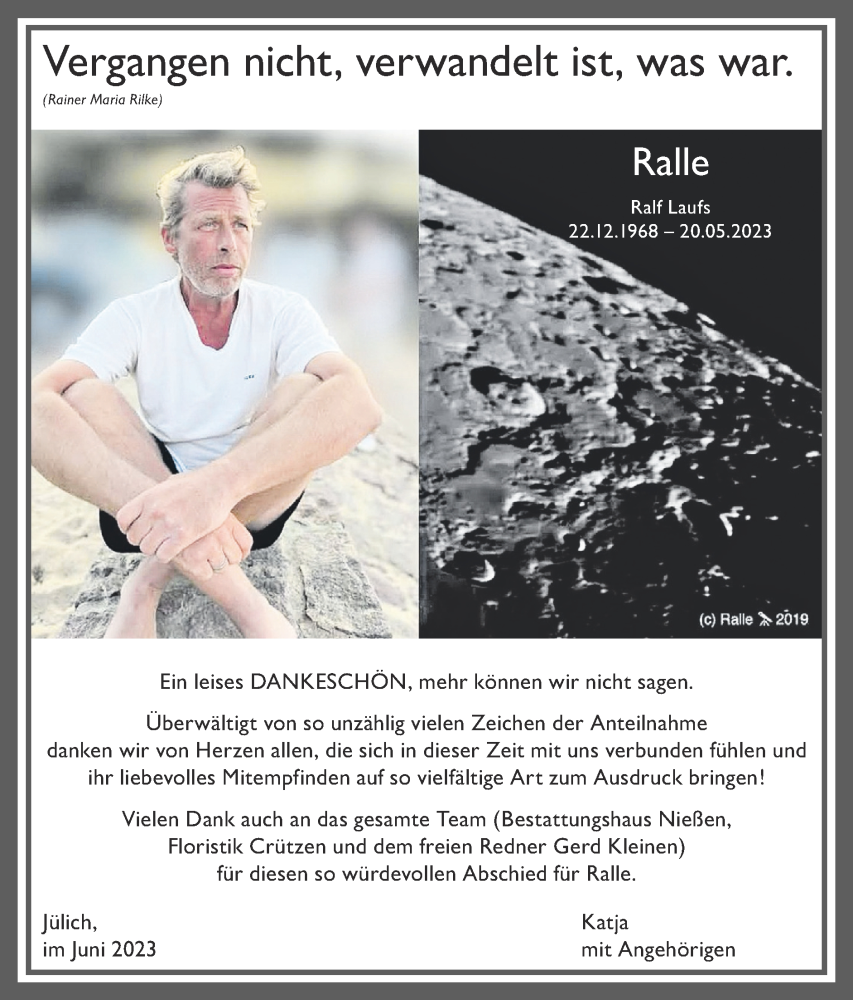  Traueranzeige für Ralle Laufs vom 18.06.2023 aus Zeitung am Sonntag