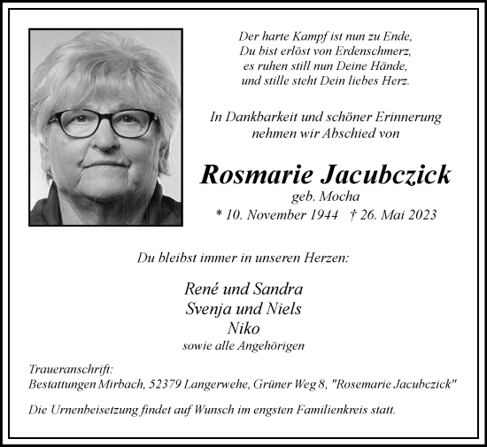 Traueranzeige von Rosmarie Jacubczick von Zeitung am Sonntag