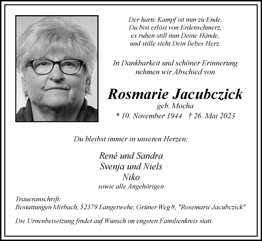  Traueranzeige für Rosmarie Jacubczick vom 04.06.2023 aus Zeitung am Sonntag