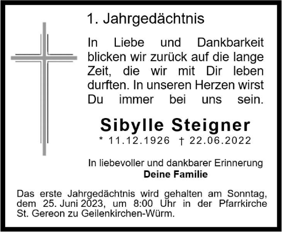 Traueranzeige von Sibylle Steigner von Zeitung am Sonntag