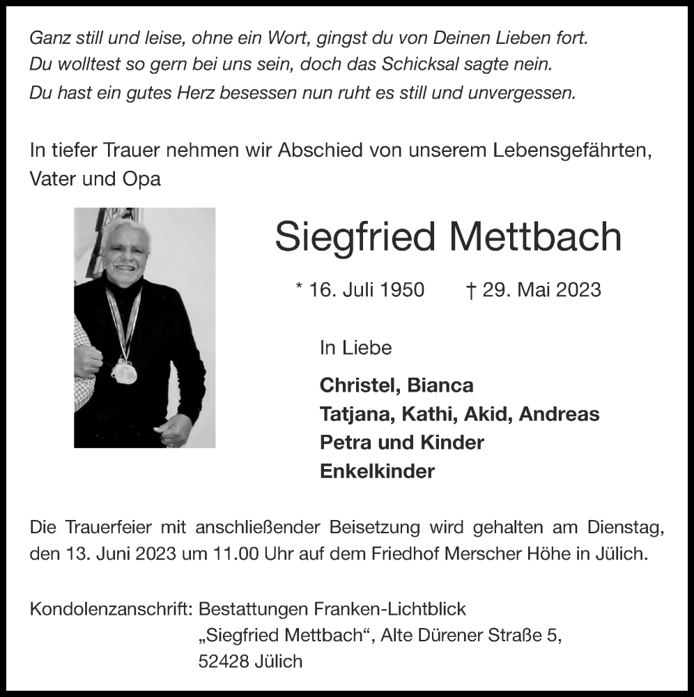  Traueranzeige für Siegfried Mettbach vom 04.06.2023 aus Zeitung am Sonntag
