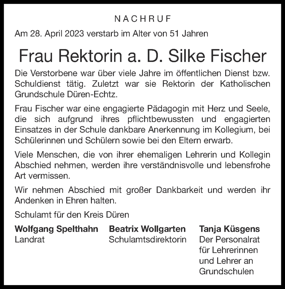  Traueranzeige für Silke Fischer vom 11.06.2023 aus Zeitung am Sonntag