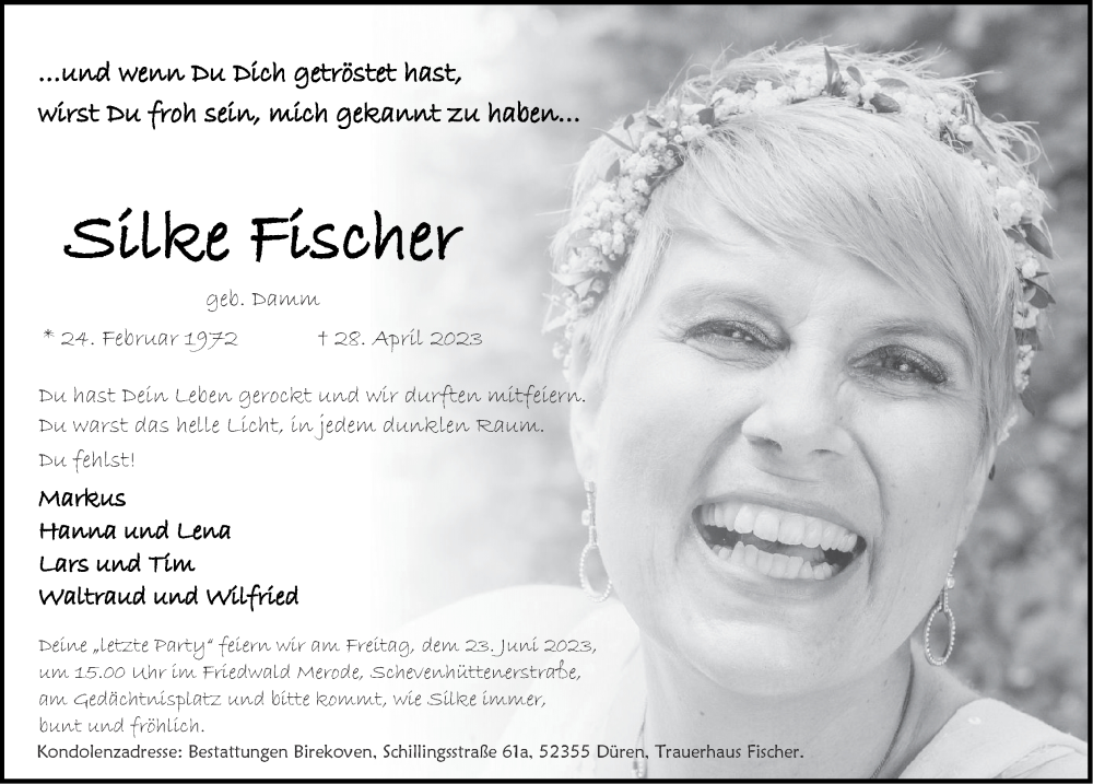  Traueranzeige für Silke Fischer vom 11.06.2023 aus Zeitung am Sonntag