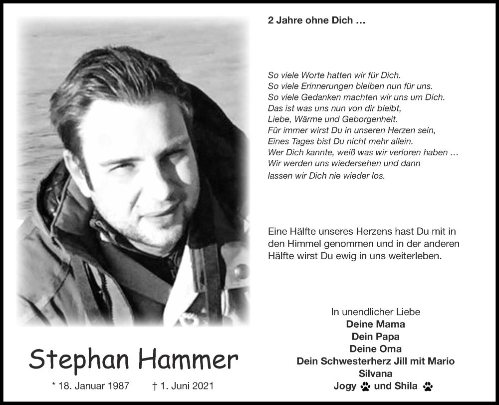  Traueranzeige für Stephan Hammer vom 04.06.2023 aus Zeitung am Sonntag