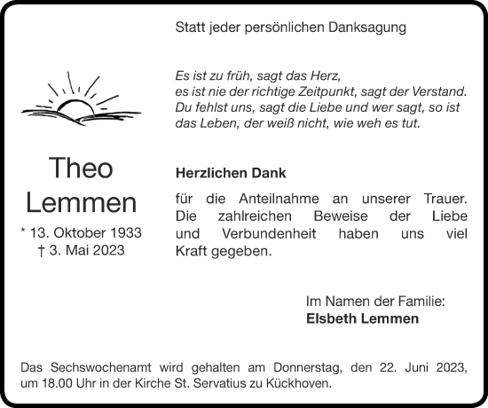 Traueranzeige von Theo Lemmen von Zeitung am Sonntag