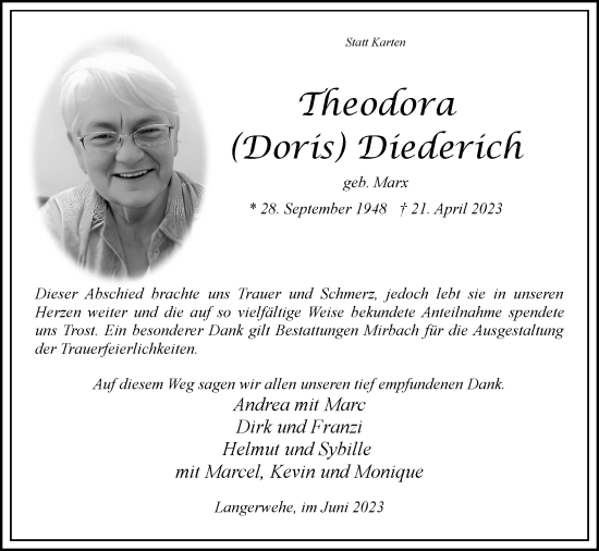 Traueranzeige von Theodora Diederich von Zeitung am Sonntag