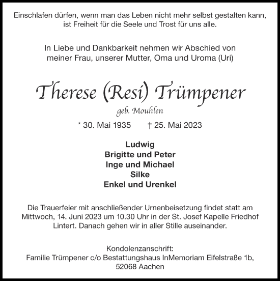 Traueranzeige von Therese Trümpener von Zeitung am Sonntag