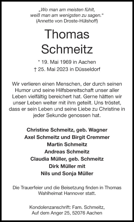 Traueranzeige von Thomas Schmeitz von Aachener Zeitung