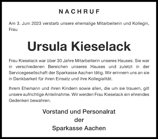 Traueranzeige von Ursula Kieselack von Aachener Zeitung