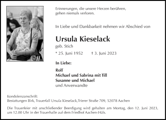 Traueranzeige von Ursula Kieselack von Aachener Zeitung