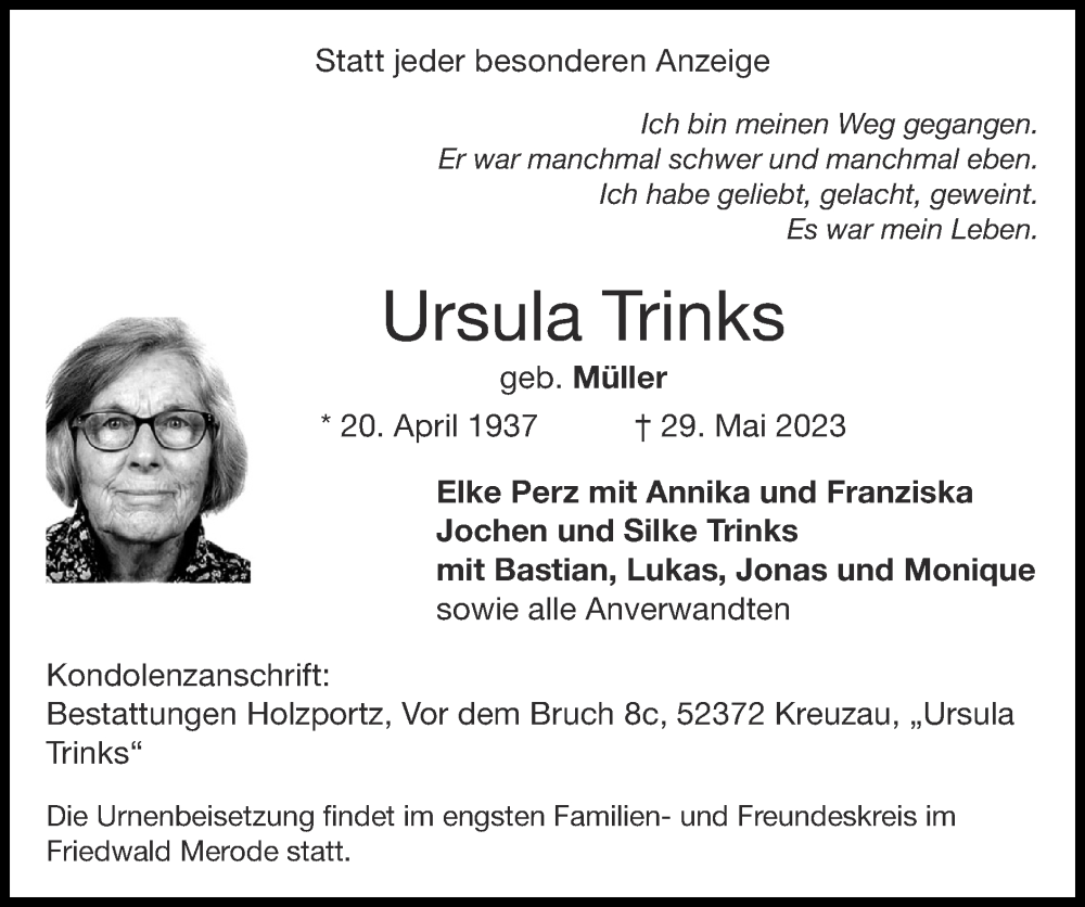  Traueranzeige für Ursula Trinks vom 04.06.2023 aus Zeitung am Sonntag