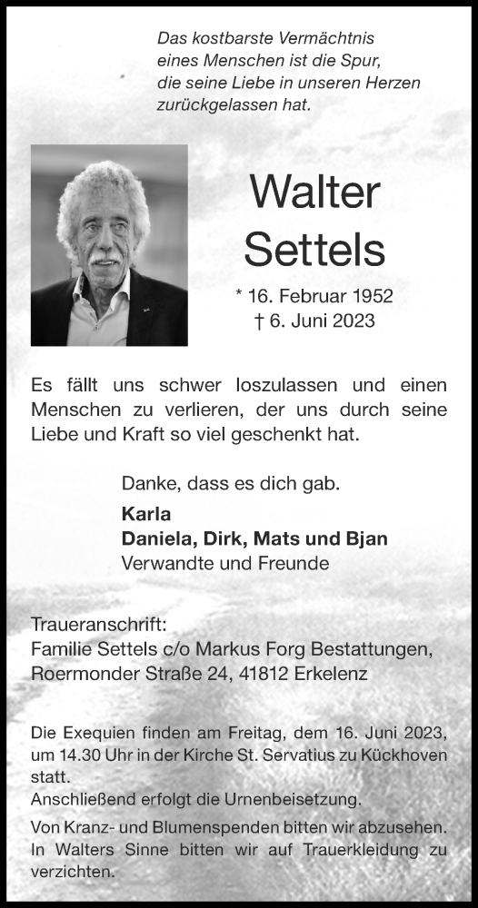 Traueranzeige von Walter Settels von Zeitung am Sonntag