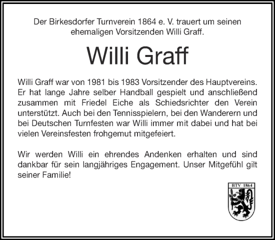 Traueranzeige von Willi Graff von Zeitung am Sonntag
