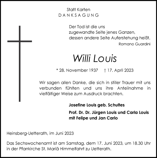 Traueranzeige von Willi Louis von Zeitung am Sonntag