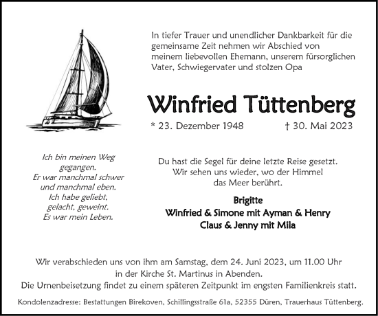 Traueranzeige von Winfried Tüttenberg von Zeitung am Sonntag