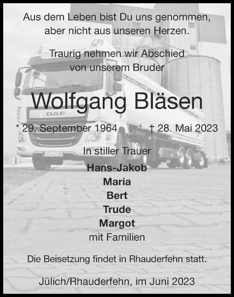  Traueranzeige für Wolfgang Bläsen vom 04.06.2023 aus Zeitung am Sonntag