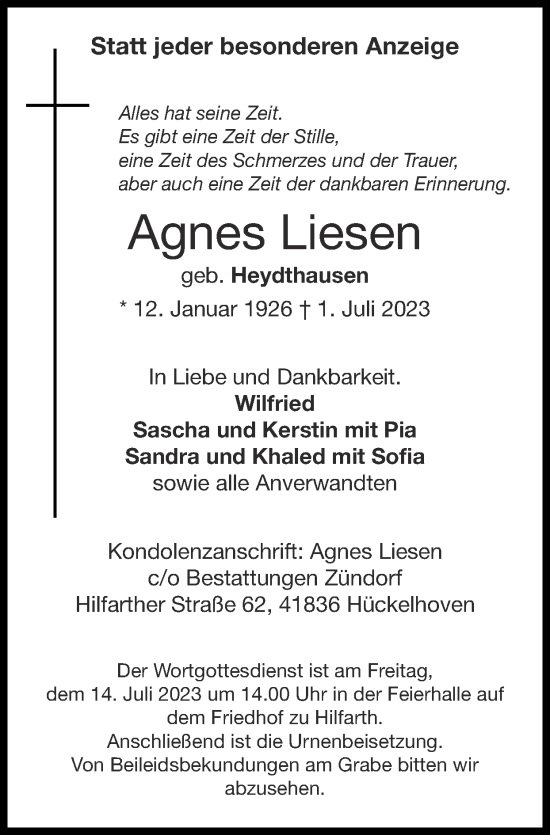 Traueranzeige von Agnes Liesen von Zeitung am Sonntag