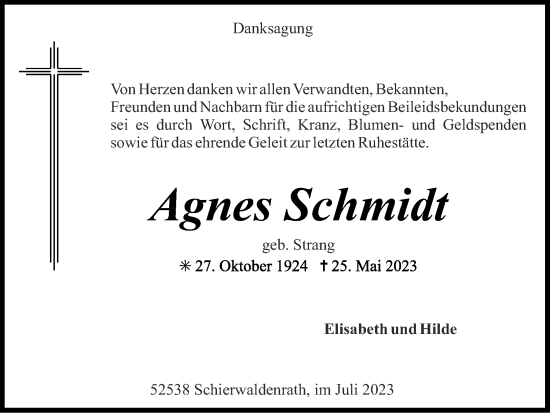 Traueranzeige von Agnes Schmidt von Zeitung am Sonntag