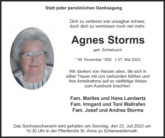 Traueranzeige von Agnes Storms von Zeitung am Sonntag