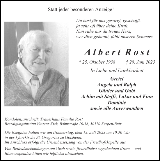 Traueranzeige von Albert Rost von Zeitung am Sonntag