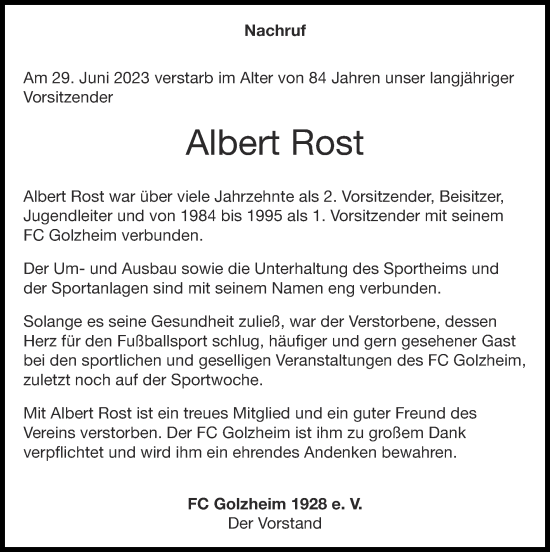 Traueranzeige von Albert Rost von Zeitung am Sonntag