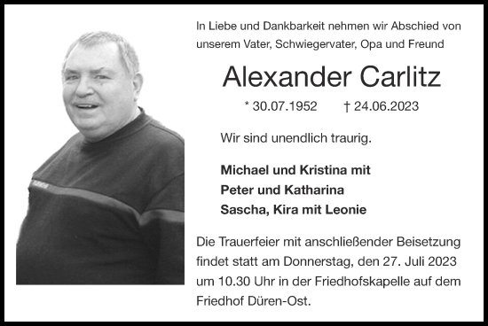 Traueranzeige von Alexander Carlitz von Zeitung am Sonntag