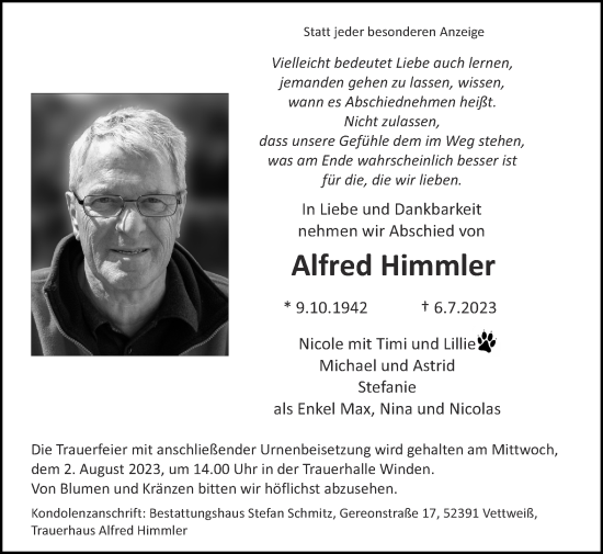 Traueranzeige von Alfred Himmler von Zeitung am Sonntag