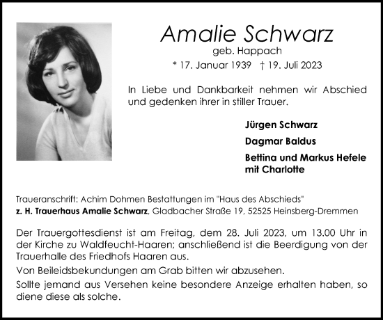 Traueranzeige von Amalie Schwarz von Zeitung am Sonntag