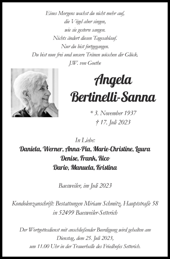 Traueranzeige von Angela Bertinelli-Sanna von Zeitung am Sonntag