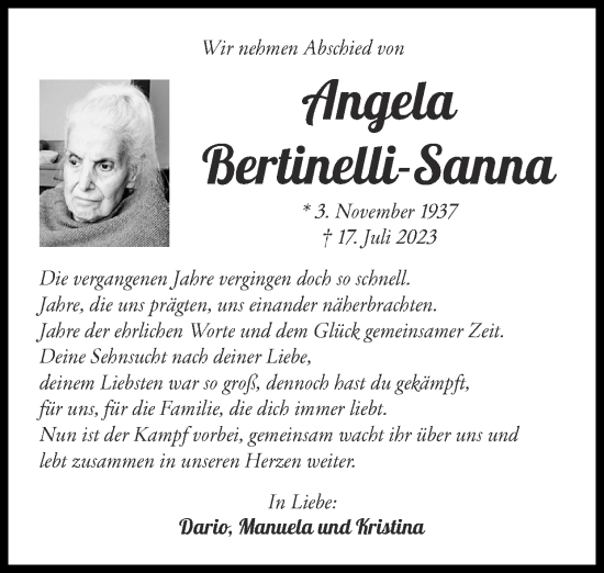 Traueranzeige von Angela Bertinelli-Sanna von Zeitung am Sonntag