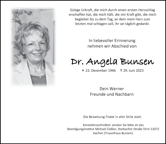 Traueranzeige von Angela Bunsen von Aachener Zeitung