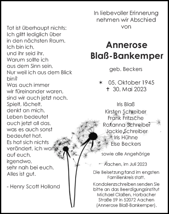 Traueranzeige von Annerose Blaß-Bankemper von Zeitung am Sonntag