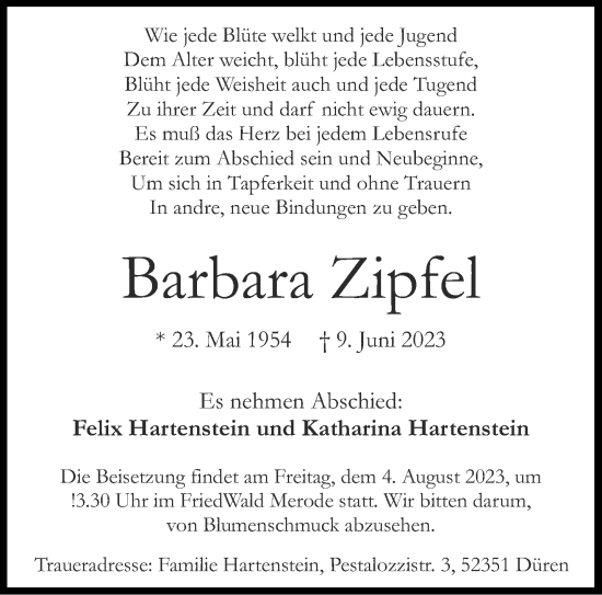 Traueranzeige von Barbara Zipfel von Aachener Zeitung