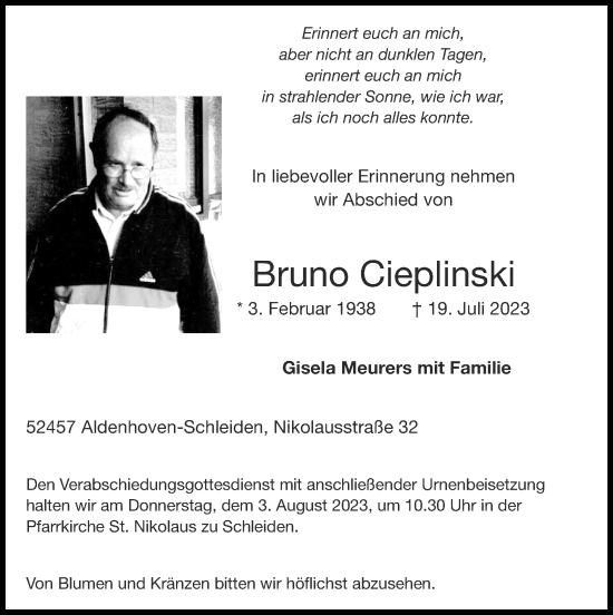 Traueranzeige von Bruno Cieplinski von Zeitung am Sonntag