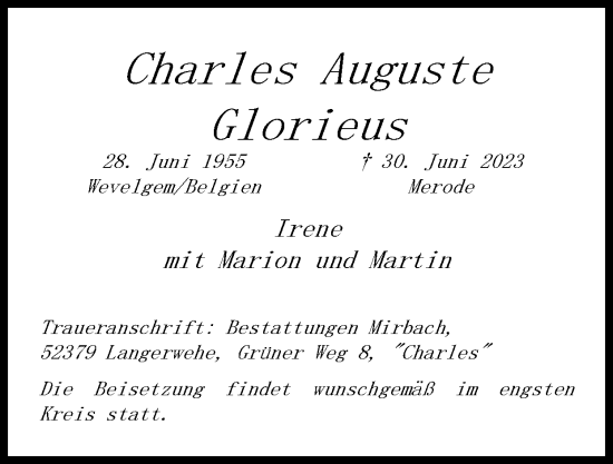 Traueranzeige von Charles Auguste Glorieus von Zeitung am Sonntag