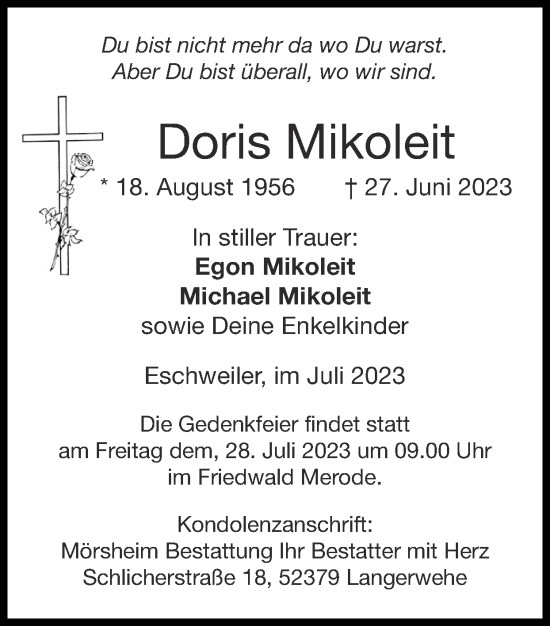 Traueranzeige von Doris Mikoleit von Zeitung am Sonntag