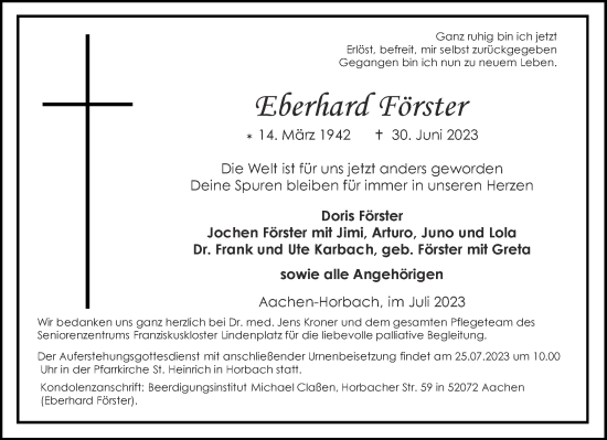 Traueranzeige von Eberhard Förster von Aachener Zeitung