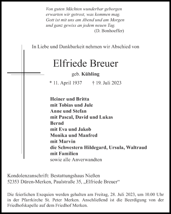 Traueranzeige von Elfriede Breuer von Zeitung am Sonntag