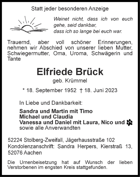 Traueranzeige von Elfriede Brück von Zeitung am Sonntag