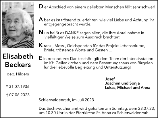 Traueranzeige von Elisabeth Beckers von Zeitung am Sonntag