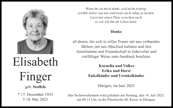 Traueranzeige von Elisabeth Finger von Zeitung am Sonntag